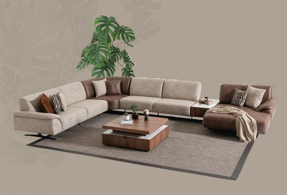 Corner sofa set, design modern coffee table, brown 2-piece.